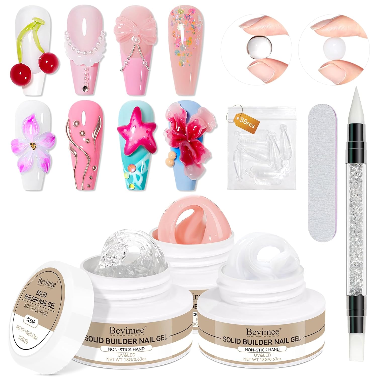 Solid Builder Gel for Nails 3PCS, 3D Hard Gel for Nail Art Sculpting Non-Stick Hand, Clear White Nude for Modeling, Sculpture, Nail Extension UV/Led Manicure DIY At Home 18g*3Colors-BrightBean Baby