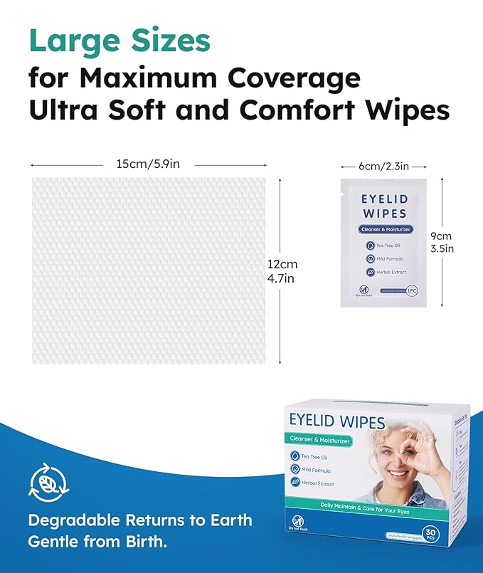 Eyelid Cleansing Wipes for Dry Eye & Blepharitis, Tea Tree Oil Hypoallergenic Eye Wipes for Sensitive Itchy Eyes, Individually Wrapped Eyelid WipesTravel Essentials (30 Count)-BrightBean Baby