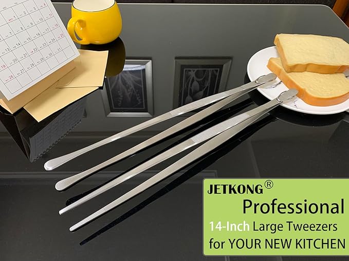 JETKONG 2 Pcs 14-Inch Food Tweezers Stainless Steel Tweezer Tongs Extra-Long Cooking Tweezers (Silver)