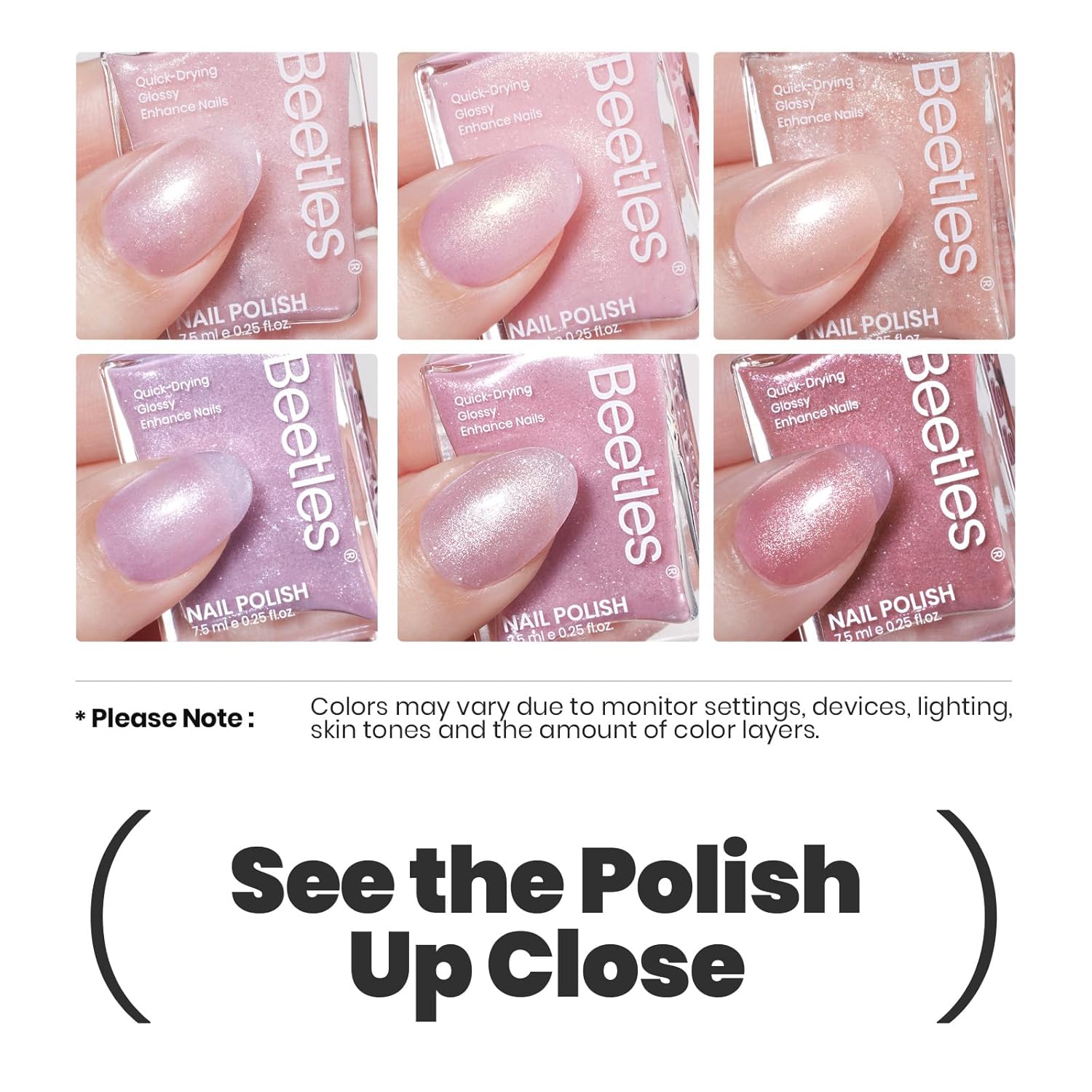 Beetles Pink Nail Polish Set, 6 Colors Glitter Quick Dry Nail Polish Kit Sly Moonlit Fairy Fingernail Polish Gifts for Women Salon DIY Manicure Kit-BrightBean Baby