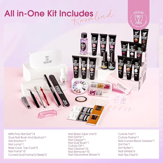 ROSALIND Poly Nail Gel Colors Kit -14 Colors +72 Nail Art Accessories kit Glitter Poly Nails Gel Kit Starter Kit with Mini UV Lamp Slip Solution Nude Pink Poly Nail Art for Beginners with Everything-BrightBean Baby