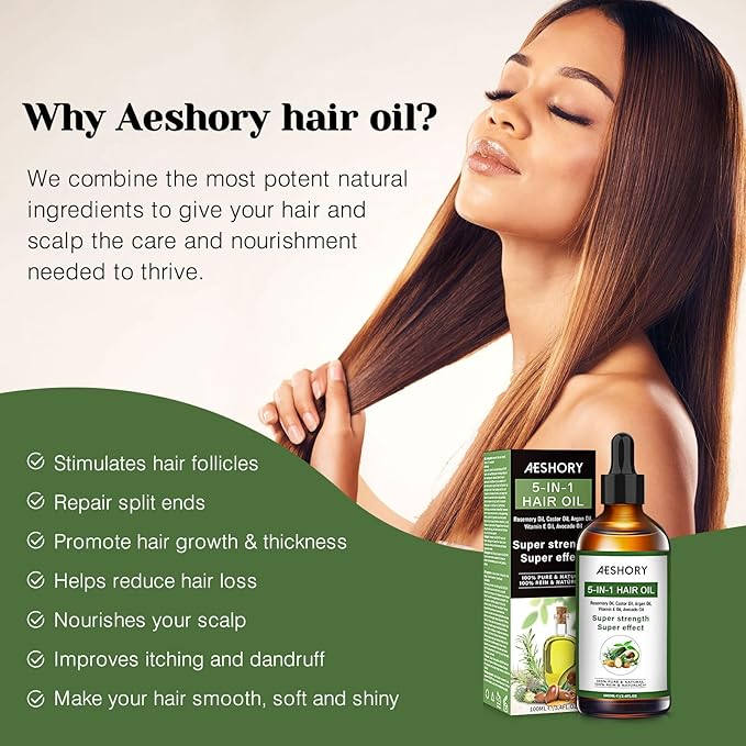 Aeshory Hair Oil - 5 IN 1 Hair Care Oil with Rosemary, Castor, Argan, Vitamin E, and Avocado for Hair Growth and Strengthening - Nourishing and Volumizing 3.38 fl oz-BrightBean Baby