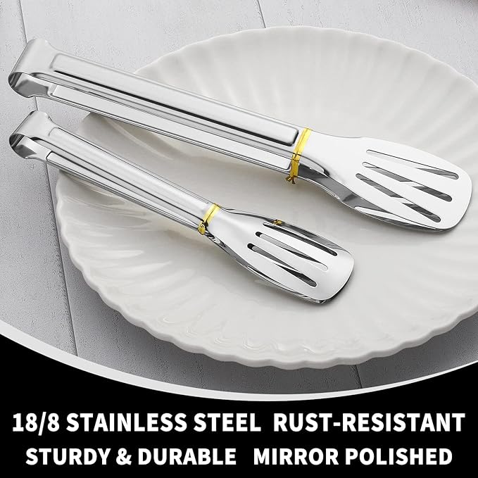 Kitchen Tongs 7 Inch, 8 Pack Food-Grade Stainless Steel Serving Tongs for Cooking Appetizers, Salad, Small Kitchen Food Tongs, Dishwasher Safe