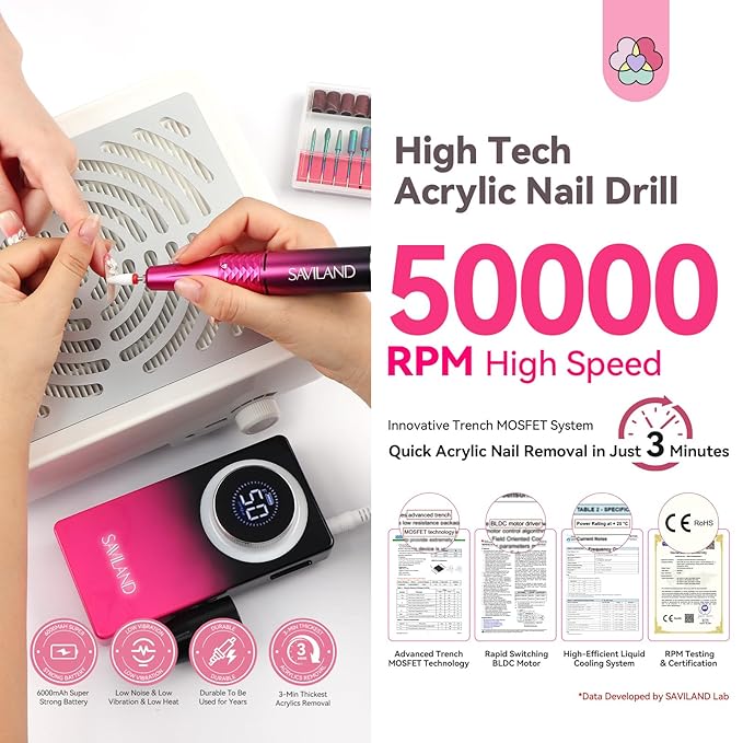SAVILAND Electric Nail Drill 50000 RPM: Cordless Electric Nail File 10 H Battery Life Rechargeable Nail Drill Kit with Ceramic Drill Bits for Acrylic Nail Removal Ambient Light Black and Pink Ombre-BrightBean Baby