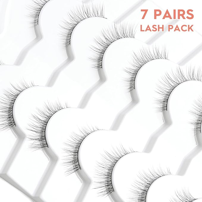 Natural Wispy Cat Eye Lashes - 3D Volume C Curl Eyelashes With Thin Band - 10mm Short Lashes - 7 Pairs-BrightBean Baby