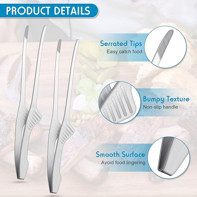 Patelai Korean and Japanese BBQ Tongs Non Slip Cooking Utensils Stainless Steel Tongs for Serving Food, Salad, Camping, Barbecue, Buffet, Oven with Support Stand(Silver,2 Pieces)