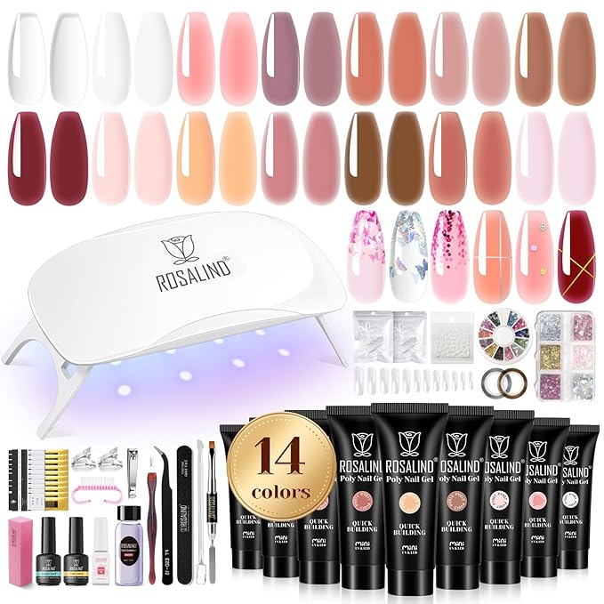 ROSALIND Poly Nail Gel Kit -14 Colors +72 Nail Art Accessories kit Clear Nude Poly Nails Gel Kit Starter Kit with Mini UV Lamp Slip Solution Basic Tools for Beginners with Everything-BrightBean Baby