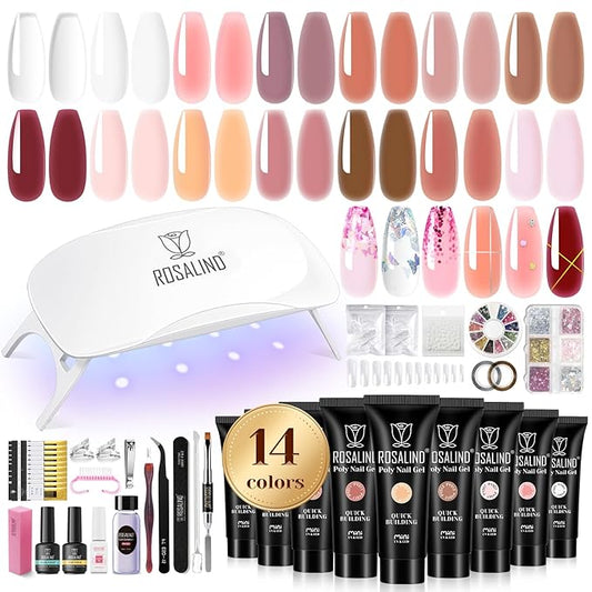 ROSALIND Poly Nail Gel Kit -14 Colors +72 Nail Art Accessories kit Clear Nude Poly Nails Gel Kit Starter Kit with Mini UV Lamp Slip Solution Basic Tools for Beginners with Everything-BrightBean Baby