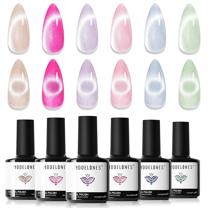 Modelones Cat Eye Gel Nail Polish, 6 Colors Glitter Summer Pink Blue Green Blue Gel Polish Set with Magnet Sparkle Translucent Nail Polish Kit Soak Off Led Nail Art Manicure Salon DIY Gifts-BrightBean Baby