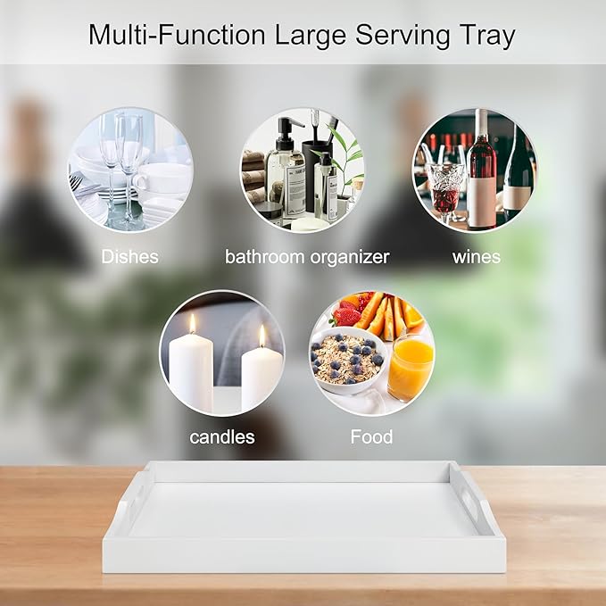 Bamboo Food Serving Tray with Handles, Breakfast Bed Tray for Tea,Snack,Dinner, Home Decorative Storage Food, Platter, Ottoman for Kitchen Counter, Bathroom, Restaurant (White)