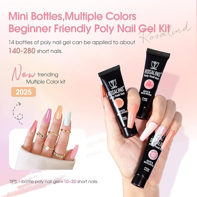ROSALIND Poly Nail Gel Kit -14 Colors +72 Nail Art Accessories kit Nude Pink Poly Nails Gel Kit Starter Kit with Mini UV Lamp Slip Solution Basic Poly Nail Art Tools for Beginners with Everything-BrightBean Baby