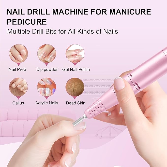 Professional Electric Nail Drill File:COSYGLOW Glitter Portable Cordless E-File Nail Drill Kit with 11 Drill Bits,30000 RPM Rechargeable Nail Drills Machine for Acrylic Nails Gel Polishing (Pink)-BrightBean Baby