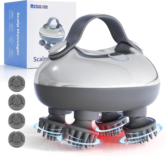 Portable Electric Scalp Massager - Rechargeable IPX7 Waterproof Heated Scalp Massager w/ 100 Kneading Nodes, 3 Speed Modes, 2 Massage Styles, 8 Claws for Scalp/Body Massage & Face Cleaning (Silver）-BrightBean Baby