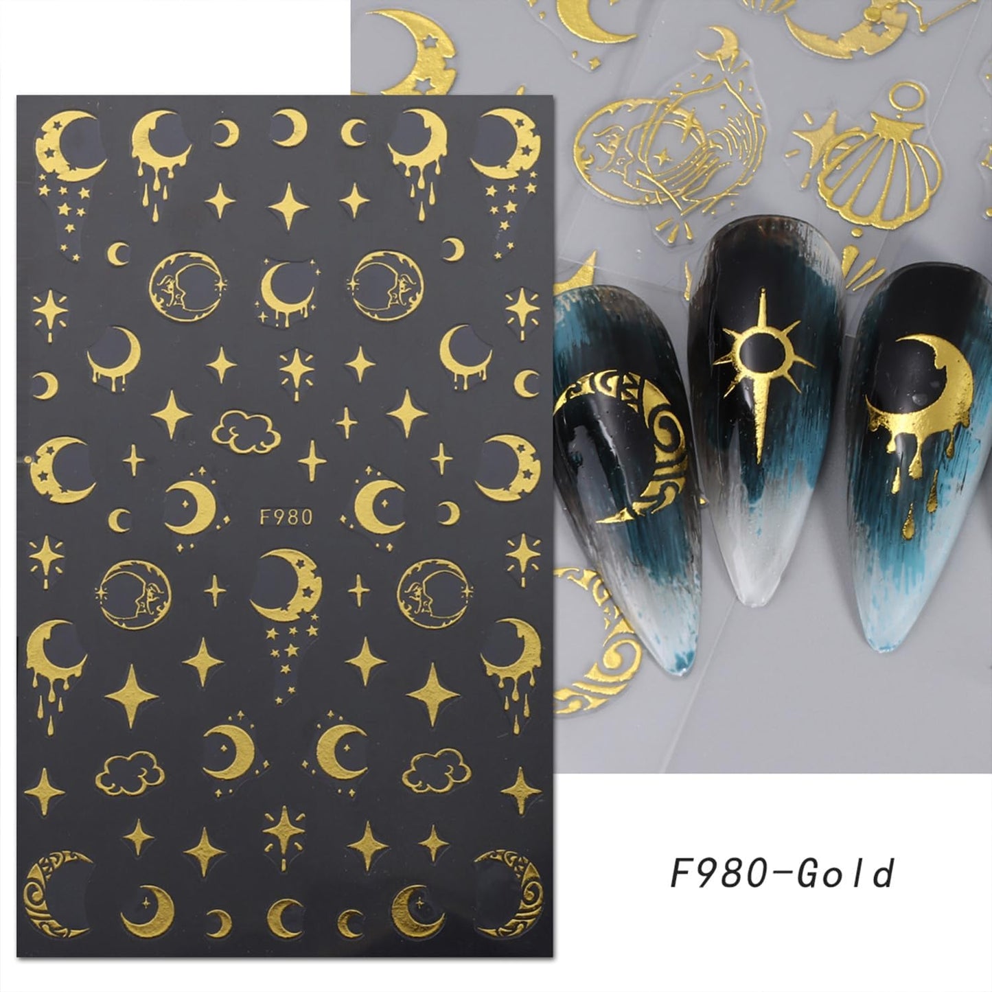 5 Sheets Metallic Gold Nail Art Stickers 3D Self-Adhesive Nails Stickers Bohemian Sun Moon Hexagram 3D Decal Supplies Women DIY Gold Metal Nail Art Decoration-BrightBean Baby