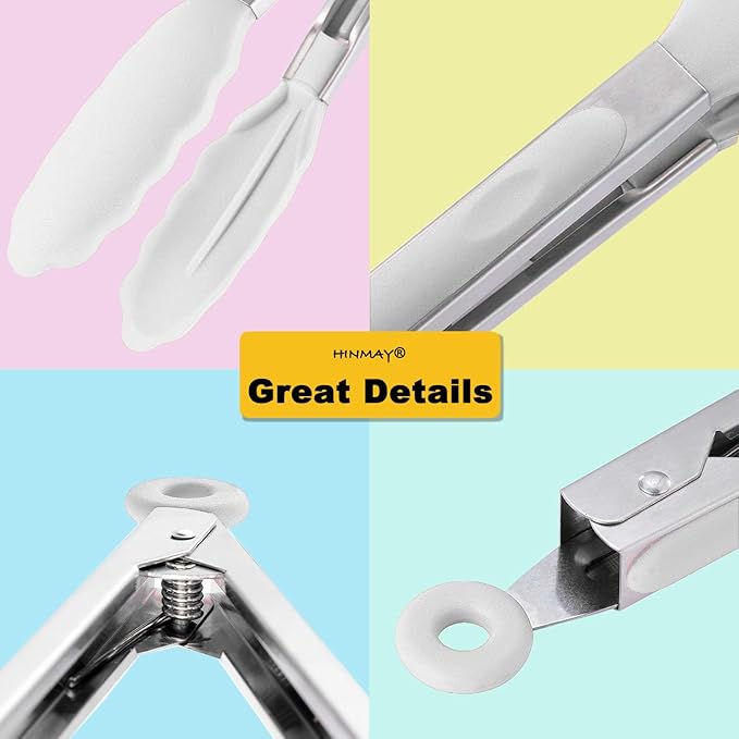 Silicone Kitchen Tongs 9-Inch Stainless Steel Basics Tongs with Non-Stick Silicone Tips, Set of 3 (White)