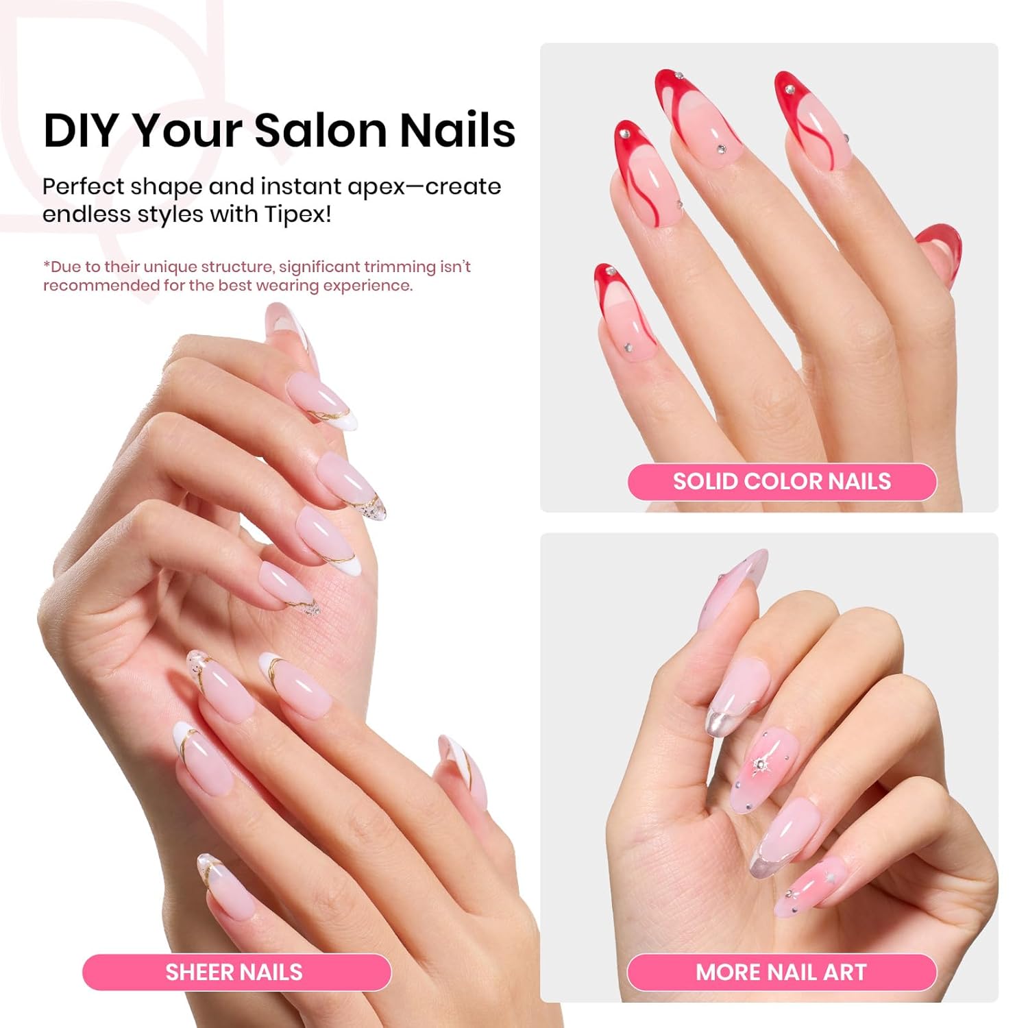 Beetles Tipex Instant Apex Nail Tips Kit, Medium Oval Almond 224Pcs 16 Sizes Pre-Building & Pre-Etched Thicker Acrylic Nails False Nail Extension with Tipex Nail Glue Mini Nail Lamp-BrightBean Baby