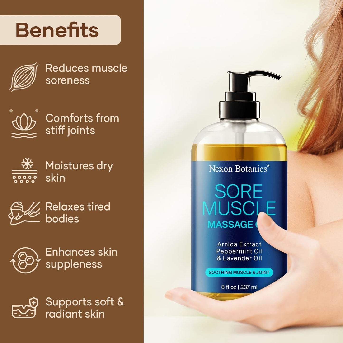 Sore Muscle Massage Oil for Massage Therapy 8 fl oz - Refreshing and Relaxing - Natural Oils with Arnica, Peppermint and Lavender Oil - for Men and Women - Nexon Botanics-BrightBean Baby