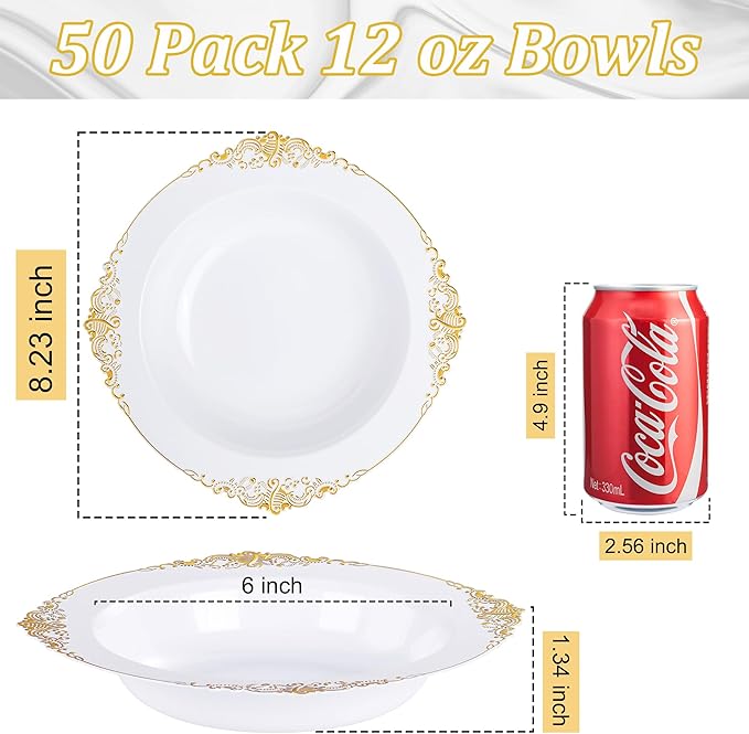 Nervure 50 Pack White Plastic Bowls with Gold Rim - 12oz Disposable Soup Bowls - Heavy Duty Dessert Bowl, Salad Bowl Perfect for Weddings, Parties, Thanksgiving and Everyday Use