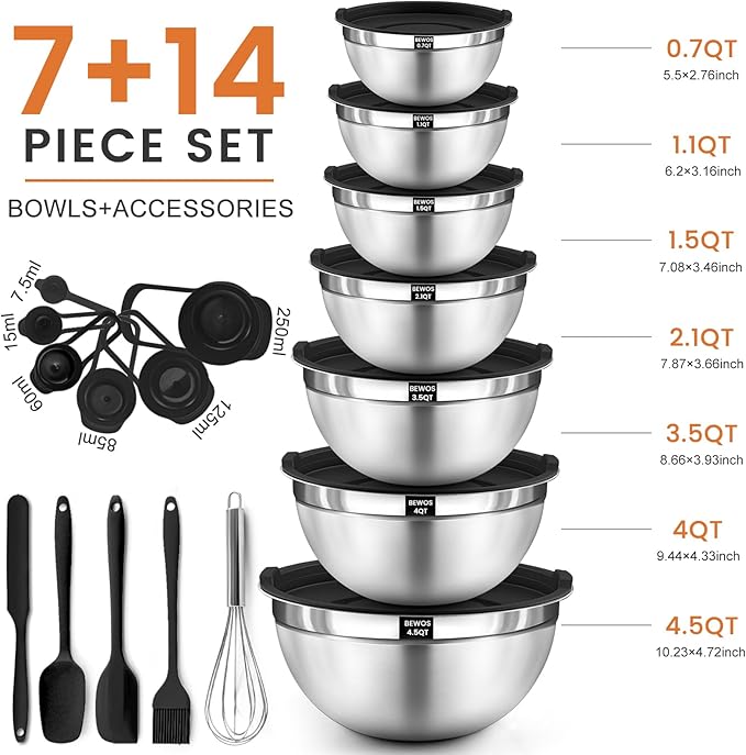 BEWOS 21 Pcs Mixing Bowls with Airtight Lids - 7 Stainless Steel Bowls, 3 Graters, 11 Practical Kitchen Accessories, Dishwasher Safe, Ideal for Baking, Meal Prep & On-the-Go, Easy to Store