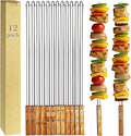 12 Pack Kebab Skewers BBQ Barbecue Skewers Stainless Steel Flat Sticks 22 Inch Heavy Duty Large Wide Reusable with Nonslip Wooden Handle Ideal for Shish Kabob Chicken Shrimp and Vegetables