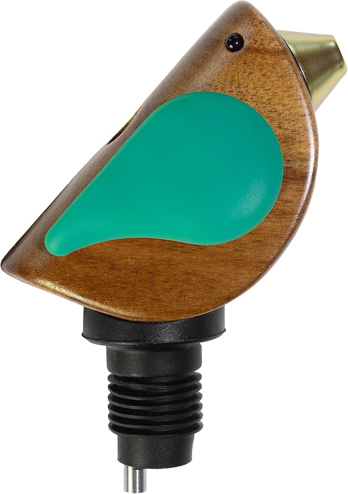 Songbird Specialties Wine Bottle Pourer, Fun Wine Pourer Spout Sings While It Pours, Airtight Wine Bottle Sealer, Acacia Wood with Turquoise Wings