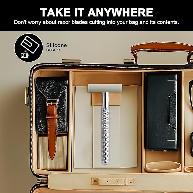 Double Edge Safety Razor for Men with Stand and Silicone Cover - Durable Metal Eco-Friendly Single Blade Safety Razor with 10 Blades- Closed Smooth Shave (Silver)-BrightBean Baby