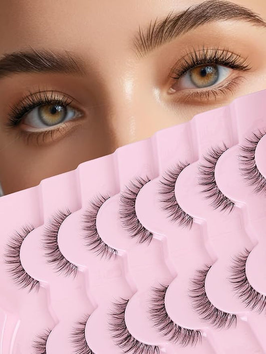 Natural Lashes False 11mm Short Eyelashes Wispy C Curl Eye Lashes Pack with Thin Cotton Band Fake Eyelash 3D Volume For Daily Siligli Lash 7 Pair-BrightBean Baby