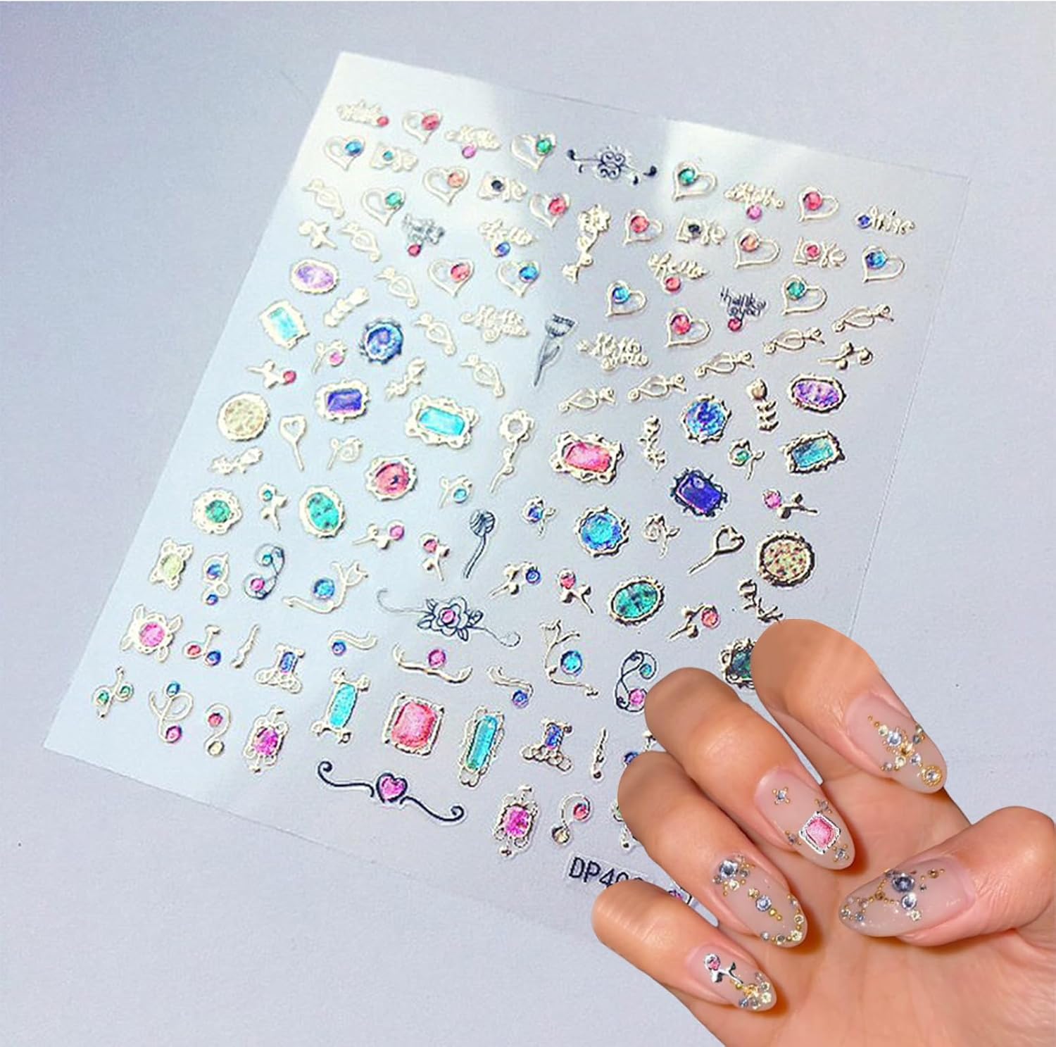 4 Sheets Star Sun Moon Nail Art Stickers 3D Holographic Self Adhesive Glitter Colorful Floral Nail Stickers Sparkly Heart Gems Design Nail Supplies for Women and Girls DIY Manicure Decoration-BrightBean Baby
