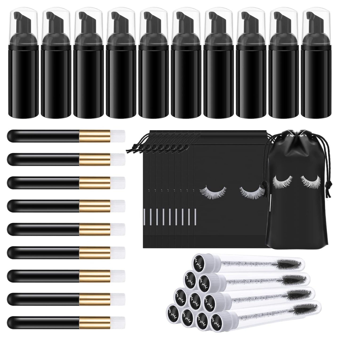 Homicozy 40 Pcs Lash Shampoo Bottle Brushes & Dispensers Set - 10 Pcs Lash Brushes, Tubes & Aftercare Bag for Clients, Women, Girls (Black)-BrightBean Baby