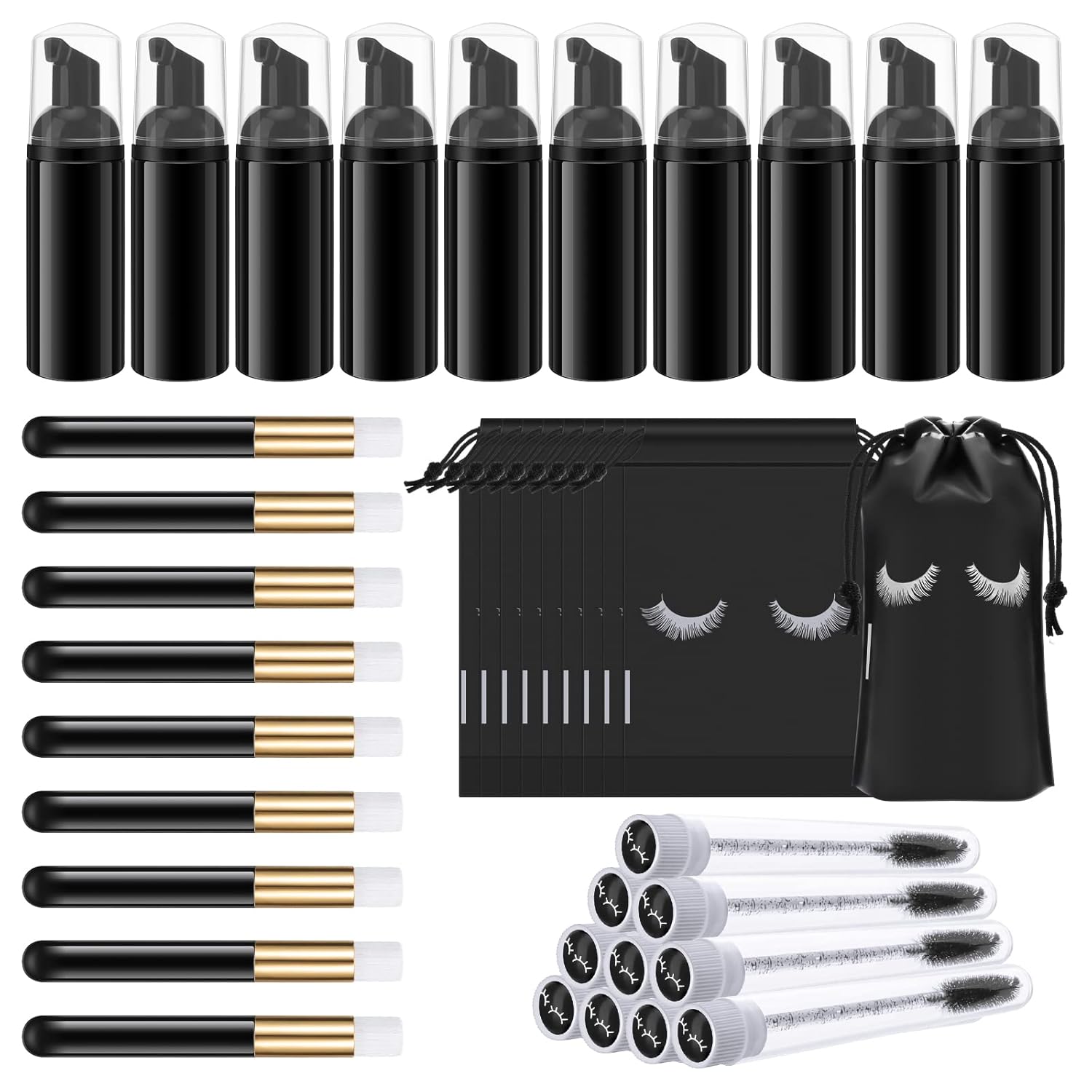 Homicozy 40 Pcs Lash Shampoo Bottle Brushes & Dispensers Set - 10 Pcs Lash Brushes, Tubes & Aftercare Bag for Clients, Women, Girls (Black)-BrightBean Baby