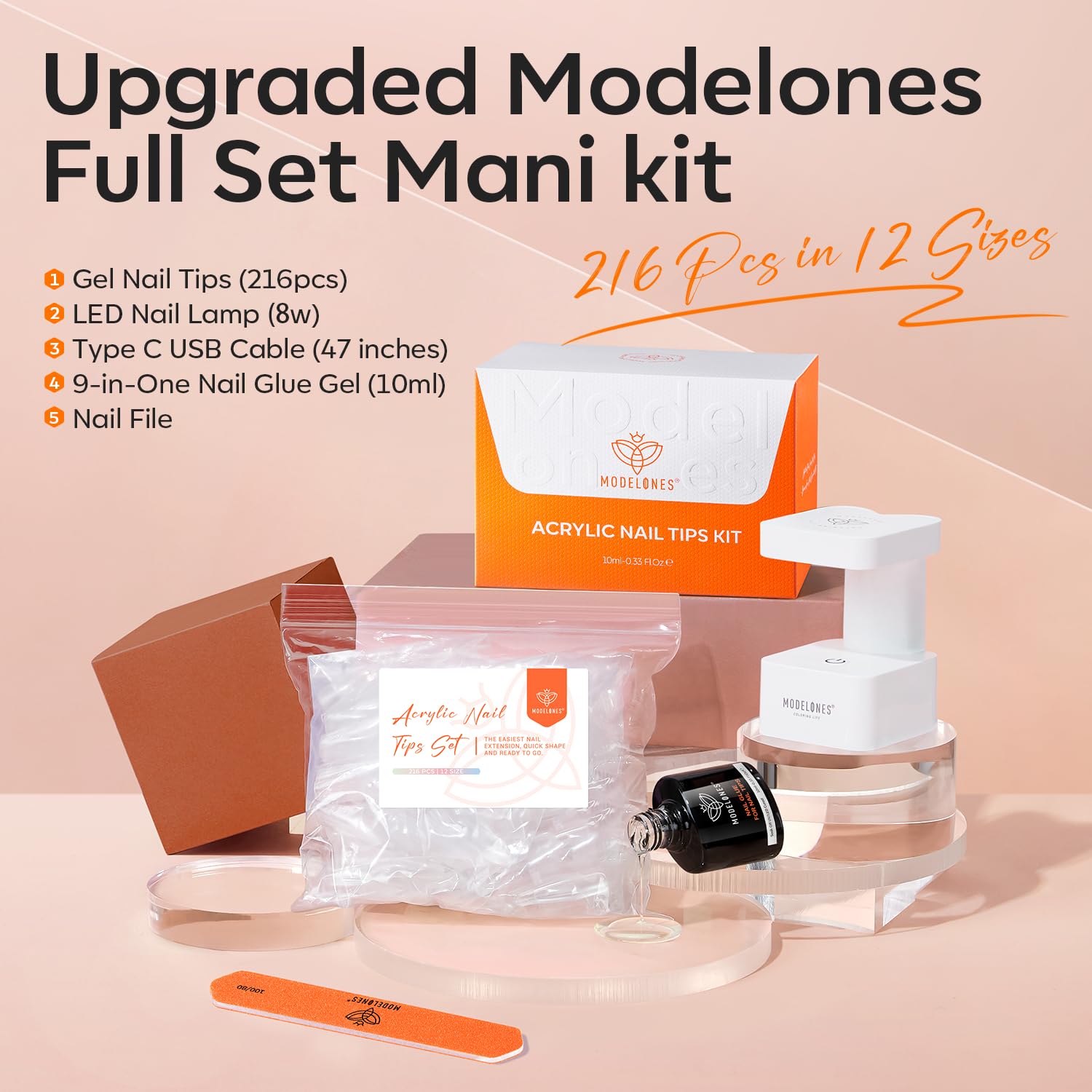 modelones Short Almond Gel Nail Tips Kit, 9-in-One Nail Glue with Portable U V Lamp 216Pcs 12Sizes Pre-Etched Press ons Fake Acrylic Extension Kit DIY Salon Gift for Women-BrightBean Baby