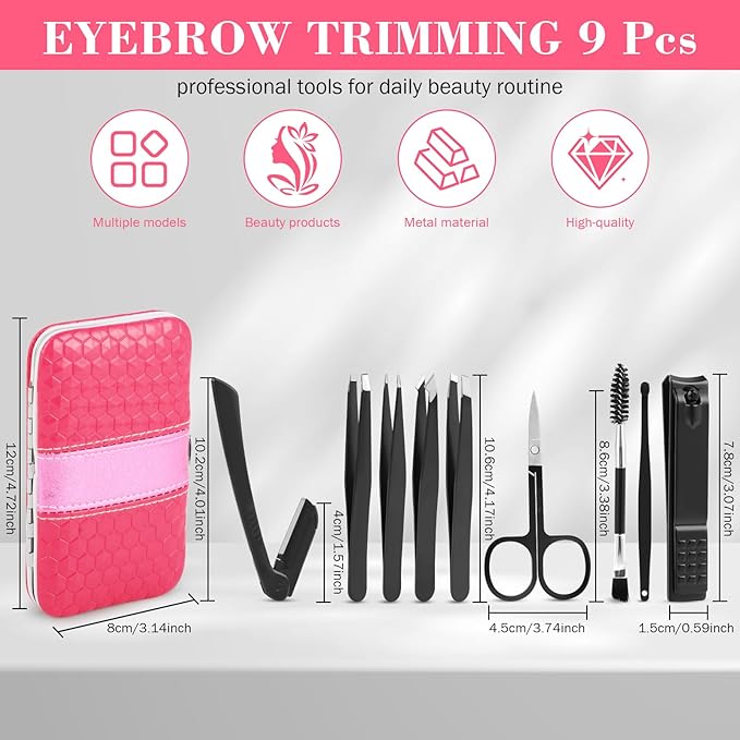 Tweezers Set, Hyxhappy 9 pcs Professional Stainless Steel Tweezer Kit for Women Facial Hair, Precision Plucke Tweezers with Luxurious Travel Case for Ingrown Hair Removal-BrightBean Baby