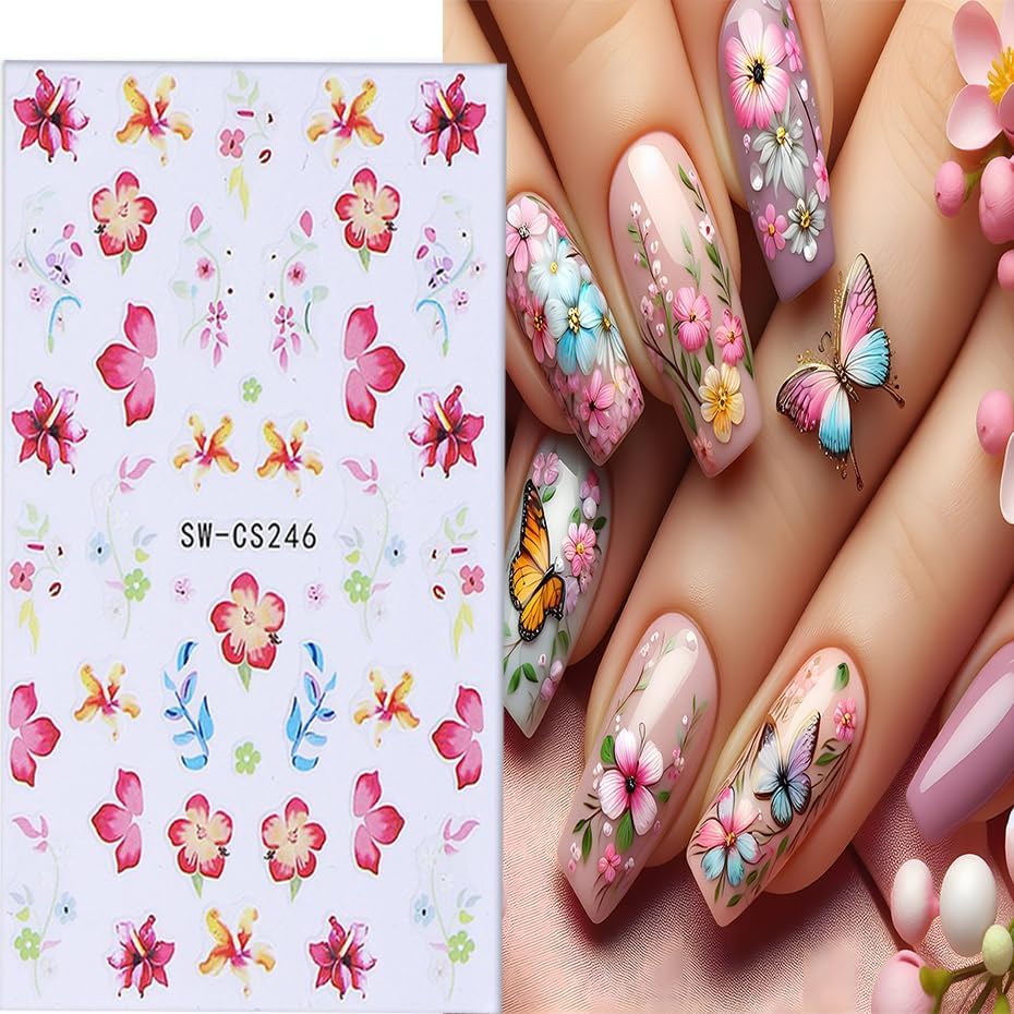6 Sheets Flower Nail Art Stickers 3D Self-Adhesive Spring Summer Nail Sticker Butterfly Nails Art Decals Holographic Floral Nails Decal Decoration for Women Blossom Manicure DIY Nail Supplies-BrightBean Baby