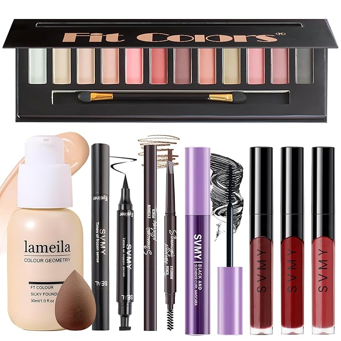 Makeup Present Set for Teen Girl, Travel Makeup Kit for women, Makeup Full Kit for Beginner & Professionals, Makeup Bundle Include 12 Color Matte Eyeshadow Palette, Natutal Foundation, Lip Gloss-BrightBean Baby