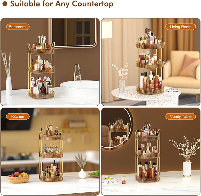 Awenia Rotating Makeup Organizer 360, Stackable Adjustable Large Capacity Cosmetic Storage Unit,Dresser Bathroom Kitchen Countertop Organizer with Metal Handle, Plus Size (Honorable Gold, 3 Tier)-BrightBean Baby