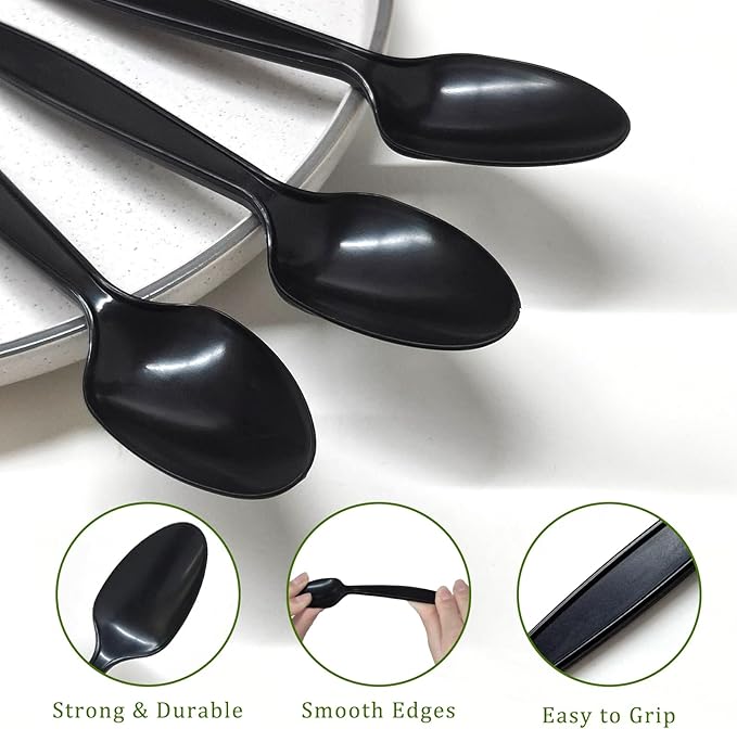 100% Compostable Spoons, 300 Disposable Spoons, Black Non Plastic Spoons, BPA-Free Heavy Duty Disposable Utensils, Ecofriendly Compostable Cutlery for Party Wedding Picnic
