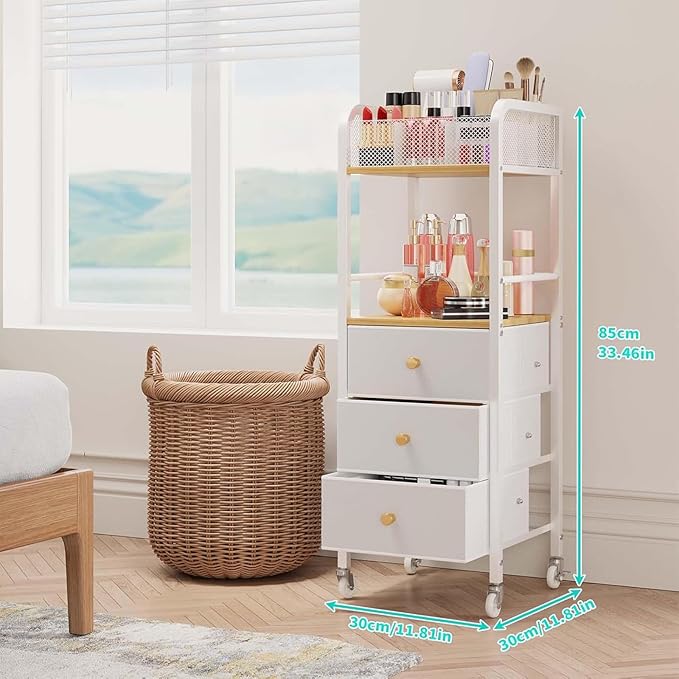 HapiRm Rolling Makeup Cart Organizer - Floor Skincare Make Up Storage with 3 Drawers, Vanity Organizer Cosmetic Display Cases Holder for Skin Care Perfume Nail Polish Brush Hair Tool-BrightBean Baby