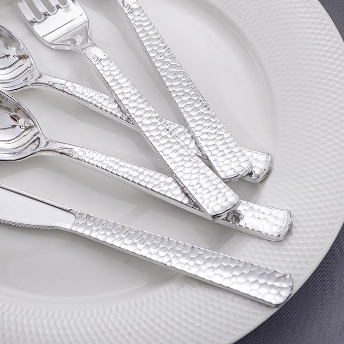 KIRE 400PCS Silver Plastic Silverware - Disposable Silverware, Heavy Duty Plastic Silverware Set Include 200 Silver Forks,100 Silver Knives,100 Silver Spoons for Party,Wedding for Christmas
