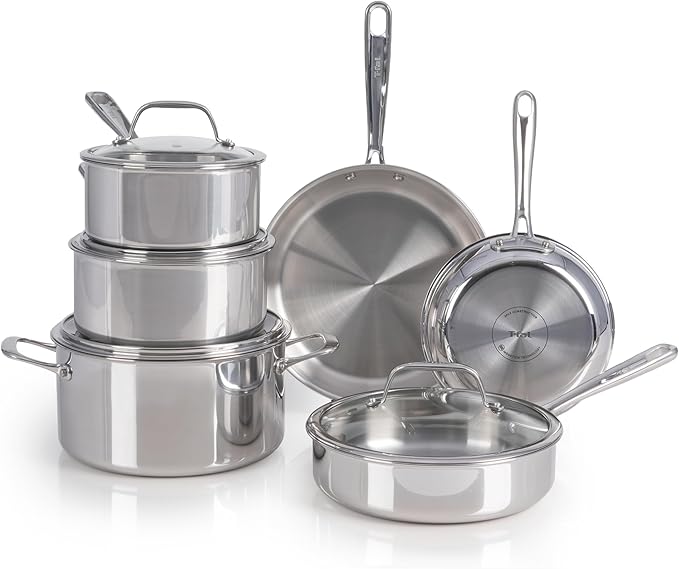 T-Fal Pro Tri-Ply Stainless Steel Cookware Set 10 Piece - Induction Compatible Silver