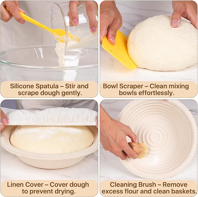 Deluxe Sourdough Starter Kit with Wood Pulp Round & Oval Bannetons & Personalized 34 oz Sourdough Starter Jar Air Flow Lid, Bread Sling Scrapers & Bag Complete Sourdough Bread Baking Supplies