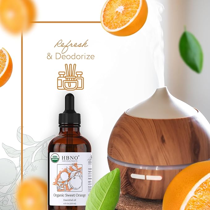 HBNO Organic Orange Essential Oil - Huge 4 oz (120ml) Value Size - USDA Certified Organic Orange Essential Oil, Cold Pressed for Aromatherapy, Soap Making, DIY, Diffuser-BrightBean Baby