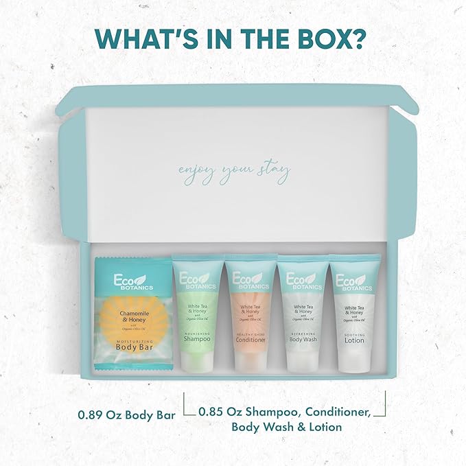 Eco Botanics Amenity Kit | Boxed Hotel Toiletries | Bulk Set 0.85 oz Travel Size Shampoo, Conditioner, Lotion, Body Wash & Body Bar Soap for Guest Hospitality AirBnB/Vacation Rentals | 1 set per case-BrightBean Baby