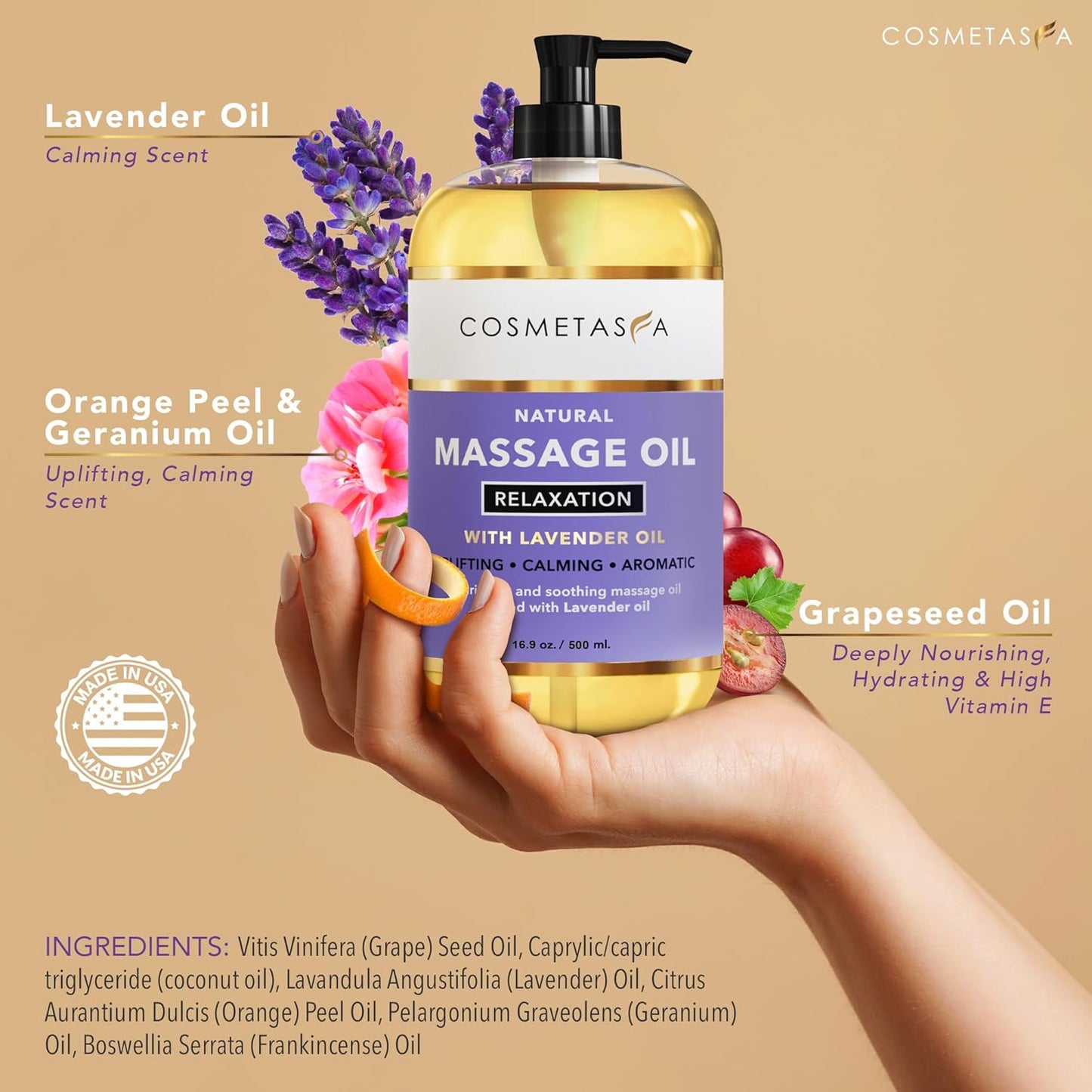 Cosmetasa Lavender Massage Oil for Massage Therapy - All Natural, Cruelty-Free & Spa Quality Skin Therapy Oil, Calming & Soothing Care - Lavender, Geranium & Grapeseed Oil (16.9 oz)-BrightBean Baby