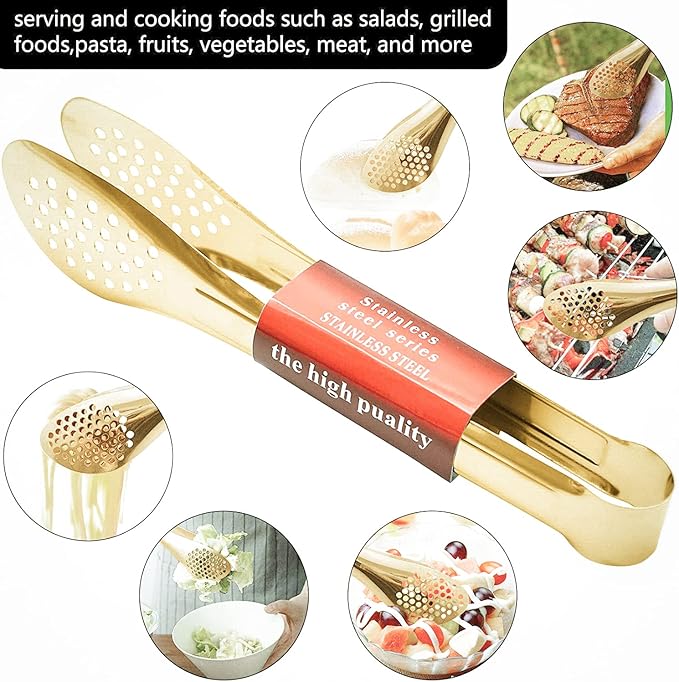 6 Pack Gold Buffet Tongs,Stainless Steel Serving Tongs Serving Utensils (9inch)