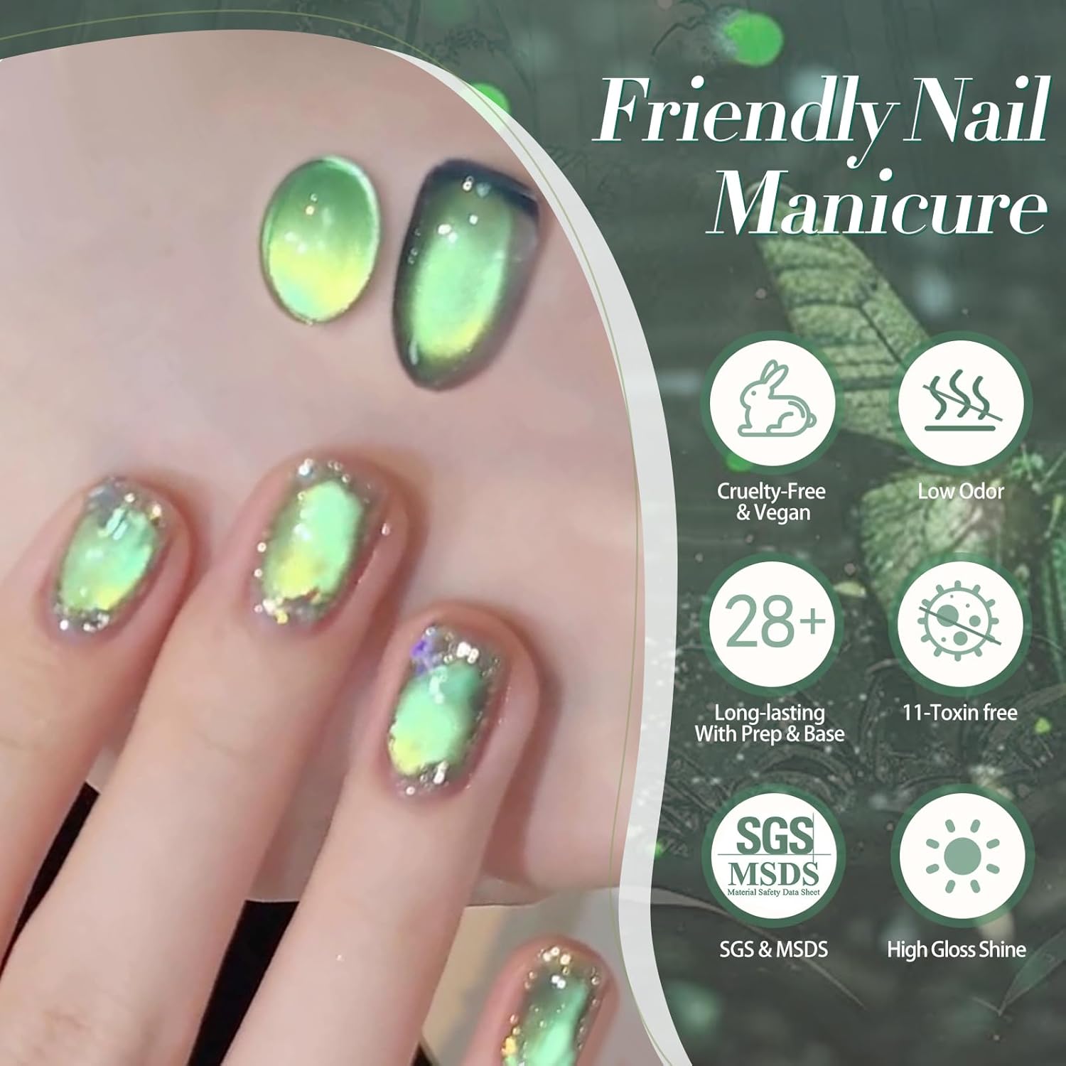 Born Pretty Cat Magnetic Gel Nail Polish, Green Gel Polish Crystal Cat Holographic Magnetic Nail Polish Nail Art Manicure Salon DIY at Home 15ML-BrightBean Baby