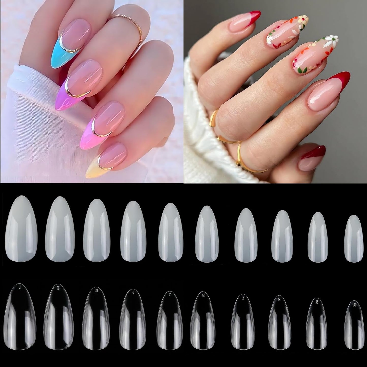 1000PCS Short Almond Nail Tips - Acrylic Nails Tips, ToouYoun 10 Sizes Soft Gel Full Cover Nail Tips with Box for Nail Art Salons and Home DIY-BrightBean Baby