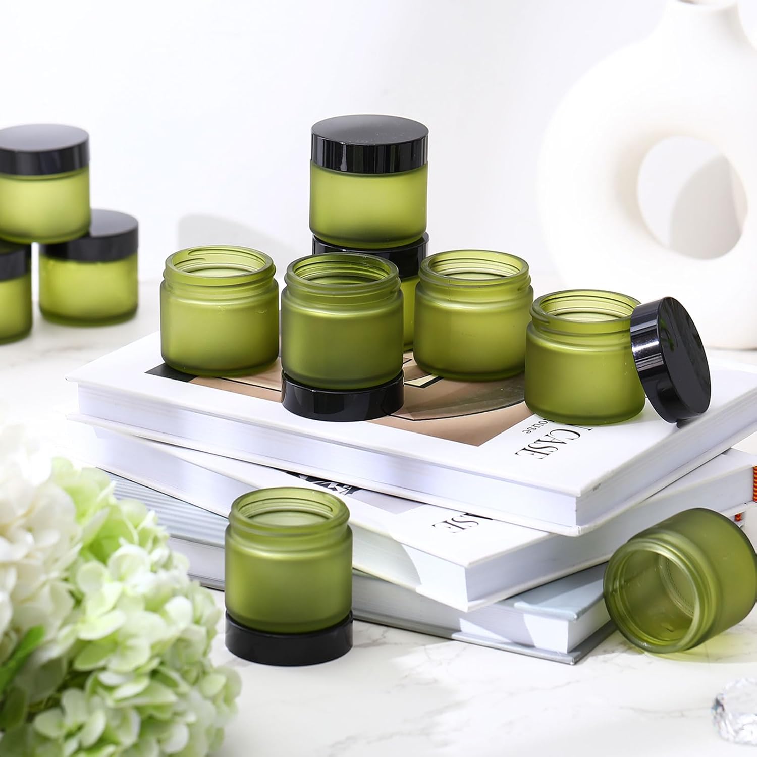 Domensi 32 Pcs 2 oz Glass Jars with Lids Travel Size Round Leakproof Empty Cosmetic Jars with Inner Liners Lid for Storing Makeup Lotions Face Cream Ointments Candle DIY Making (Pea Green)-BrightBean Baby