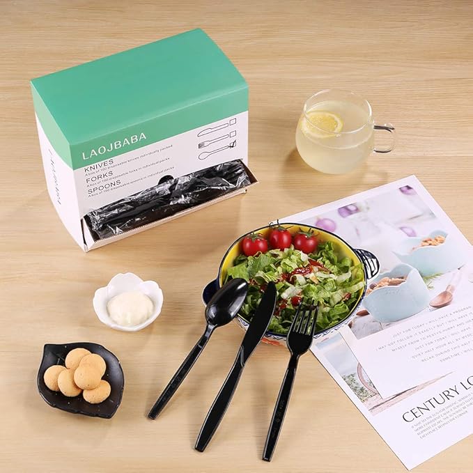 Plastic Spoons Disposable Individually Packaged Spoons Black 7-Inch Commercial Take Away,Super Hard Mass Heavy Individually Wrapped 100 PCS