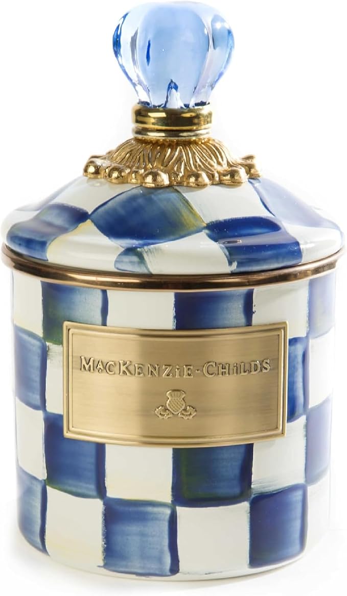 MACKENZIE-CHILDS Royal Check Enamel Canister, Blue-and-White Kitchen Storage Container with Lid, Demi