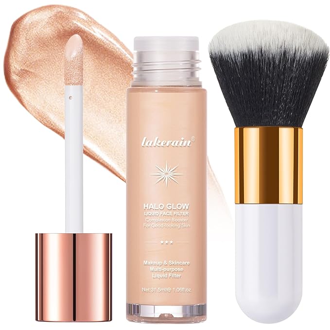 Natural Glow Liquid Filter Makeup, Longwear Face Luminizer, Complexion Booster For Any Part of the Body, Liquid Highlighter with Brush Kit, Infused Hyaluronic Acid, 1.06 fl oz (#03 LIGHT/MEDIUM)-BrightBean Baby